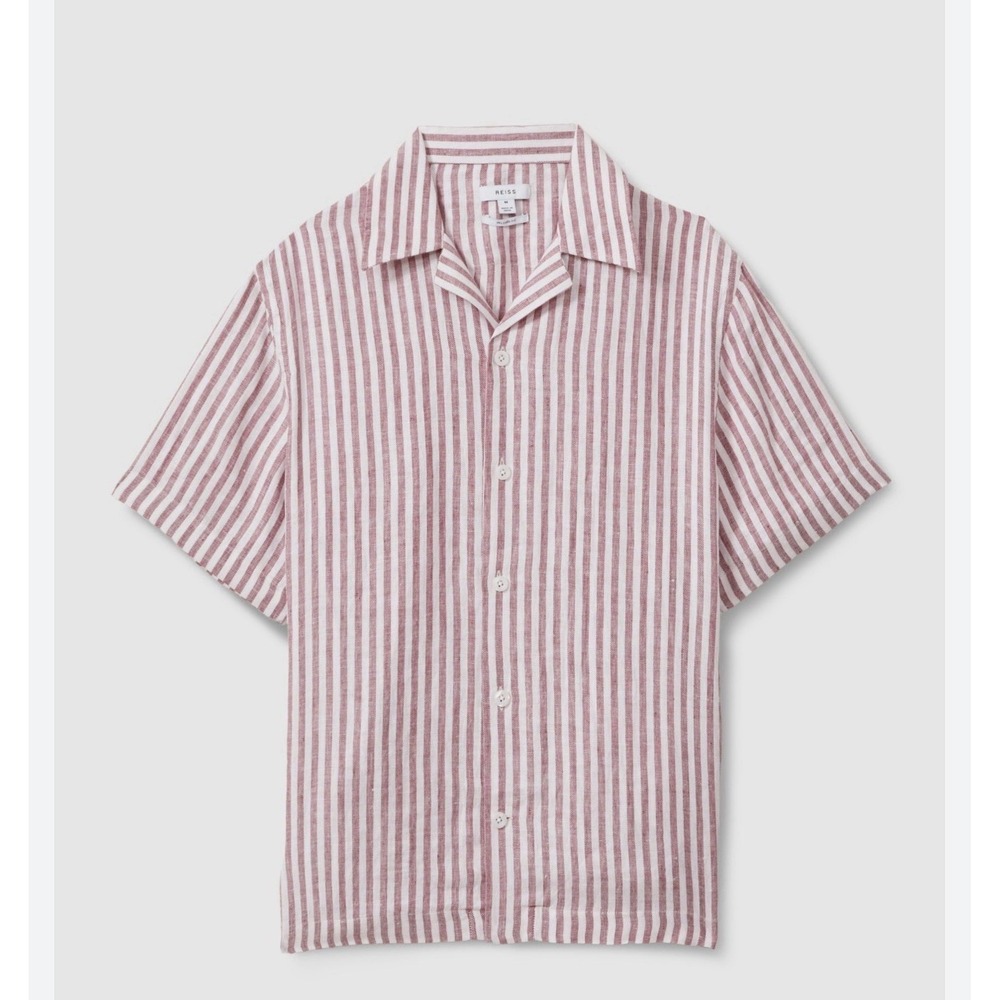 Reiss Beldi 100% Linen Pink Red Stripe XL Camp Shirt Cuban Collar Relaxed Fit